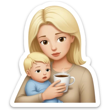 Tired mom drinking coffee holding blonde baby boy sticker