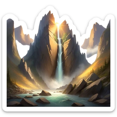 A breathtaking view of a massive mountain split perfectly in half, revealing a glowing mystical core inside. The jagged edges of the split rock are illuminated by a soft golden light emanating from the mountain's heart. The scene is set in a vast landscape with a dramatic sky filled with swirling clouds and beams of sunlight breaking through. Small waterfalls cascade from the edges of the broken mountain, creating a surreal and magical atmosphere. The surrounding environment consists of lush greenery, scattered ancient ruins, and mist rising from the depths of the split. sticker