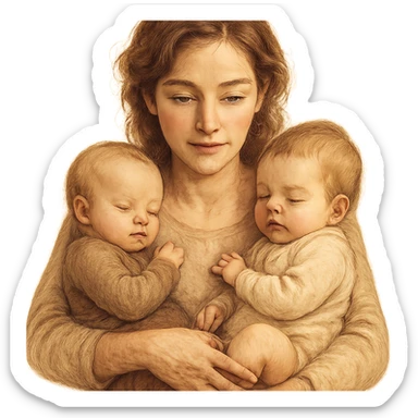 A detailed and expressive illustration of a mother holding two babies in her arms. The mother has natural proportions, detailed faces and hair, soft lines, warm color palette, soft shadows and highlights, atmosphere of coziness and love, no schematic eyes, realistic and warm style. sticker