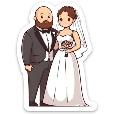 blue-eyed overweight bald man with a beard in a tux and brunette brown-eyed bride sticker