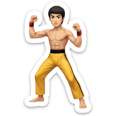 Bruce Lee in his iconic fighting stance with raised fists and martial arts pose sticker