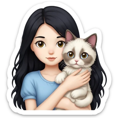 A girl with long black hair holding a cute ragdoll cat sticker