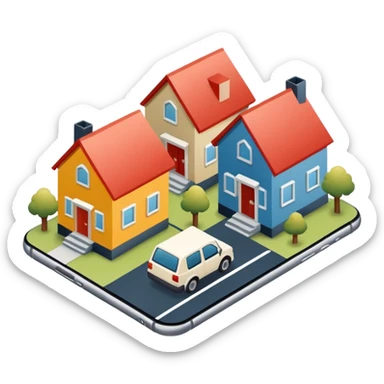 group of 3 houses representing neighborhood isometric houses on transparent background iphone like sticker
