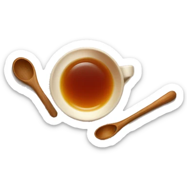 brown cup with tea on saucer wooden honey spoon  sticker