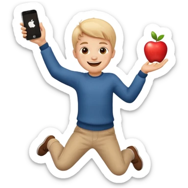 happy little kid with a phone, jumping with excitement, apple style emoji sticker