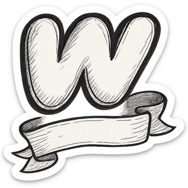puffy outlined Wattpad logo 'w' with strong shadows and highlights, decorated with a ribbon or banner curling around the base of the logo, no background sticker