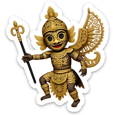 Cinematic Realistic Wayang Kulit Emoji, depicted as an intricate shadow puppet with detailed cut-out figures and traditional patterns, rendered with crisp textures and dynamic cultural lighting that captures its ancient artistry. sticker