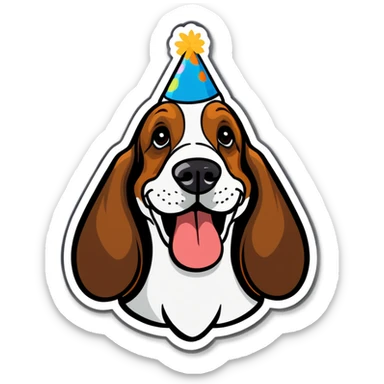 Basset hound happy with birthday hat sticker