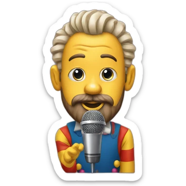 radio presenter with beard and with a microphone on his hand dressed as a silly clown sticker
