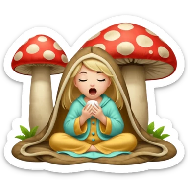 woodland spirit girl in mushroom pajama and oversized blanket yawning sticker