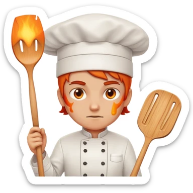 determined chef with fiery eyes, holding spatula sticker