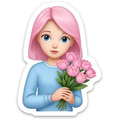 girl wearing pastel blue clothes holding a bouquet of pink flowers sticker