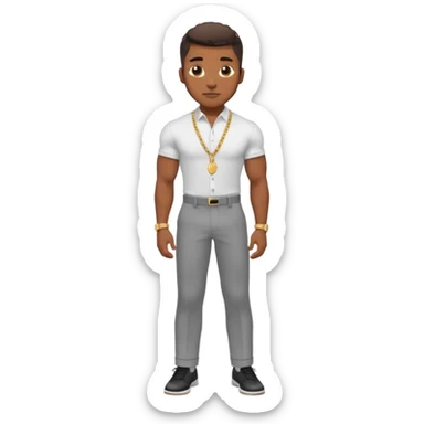 Handsome Black guy with brown skin tone, with lean muscular build, wearing gray slacks, a white button up top, black shoes, and a gold chain sticker