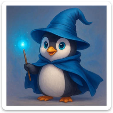 A penguin wizard with a pointy hat and a magic wand and a blue cape sticker