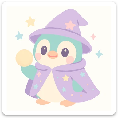 a chubby penguin in wizard attire, with a starry cloak and a glowing orb, looking wise and mystical sticker