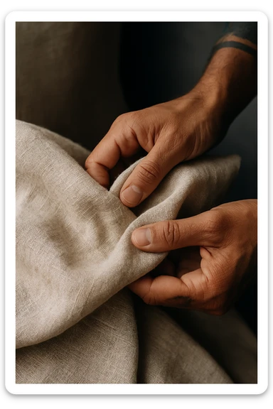 Primo piano di mani che toccano tessuto di lino grezzo, texture naturale dettagliata, colori puri e genuini, luce che rivela la bellezza delle imperfezioni naturali, mentre i sintetici appaiono artificiali e freddi in secondo piano sticker