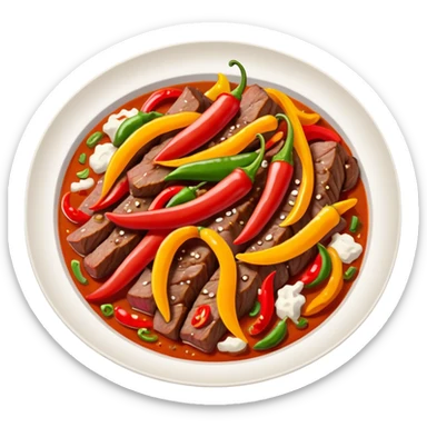 cooked meat saute object icon, beef strips with peppers, 3D cartoon, mobile game icon style, clean background, no text, no watermark
 sticker