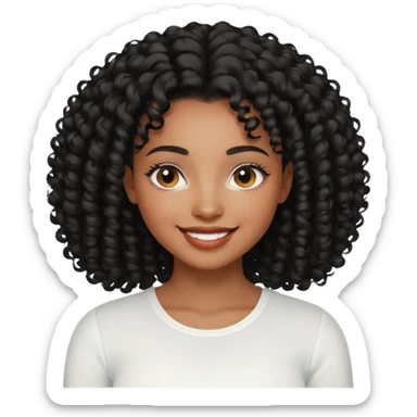 a young woman.She has voluminous, curly black hair that frames her face beautifully. Her skin tone is black light and glowing, and she has a subtle, natural makeup look. She’s smiling softly at the camera. She is wearing a white top sticker