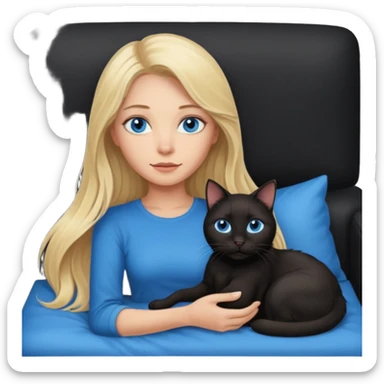 Blonde long hair female with blue eyes and hair she’s about 45 yrs old and she’s laying on a black couch bed with a black cat  sticker