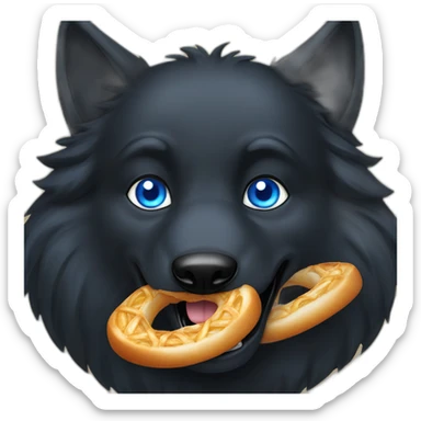 a full black wolf with blue eyes eating a bretzel sticker