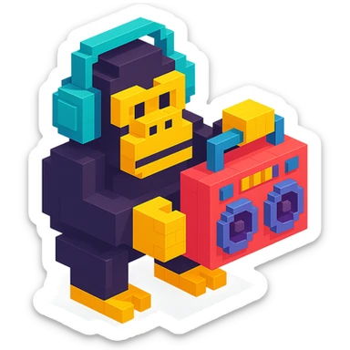 voxel style gorilla with headphones, holding a boombox, isometric view sticker