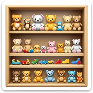 Icon for Toy Collecting: a collection of various vintage toys such as dolls, action figures, and plush animals, displayed neatly on shelves or in display cases. The icon should evoke the joy and nostalgia of collecting toys. Transparent background. sticker