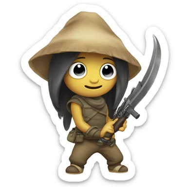 A cute Mokoko Seed character holding a weapon, perfect for adding a playful yet adventurous touch to your chats. sticker
