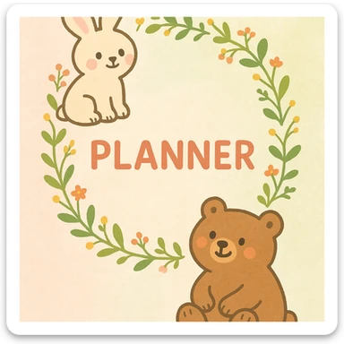 cozy hand-drawn Mori style vertical pastel background with soft watercolor texture, cute botanical wreath of leaves and tiny flowers, soft pastel colors, clean minimal design, a soft brown bear sitting at the bottom right, a light beige bunny sitting at the top left, planner cover, A4 vertical size, high resolution sticker