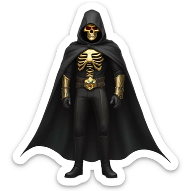 Bounty Hunter Boss with black cape and a gold skull jaw mask from death Stranding, full body view sticker