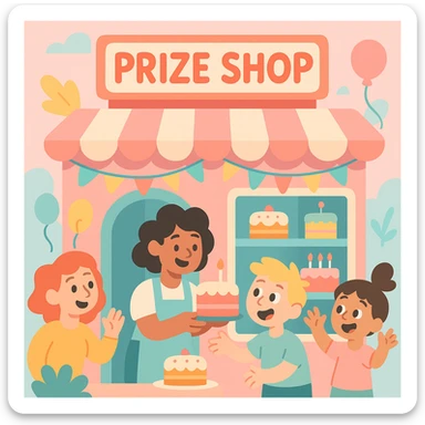 pastel pink cake shop with a 'Prize Shop' sign above the entrance, surrounded by pastel decorations, cakes on display, light and airy pastel illustration style sticker