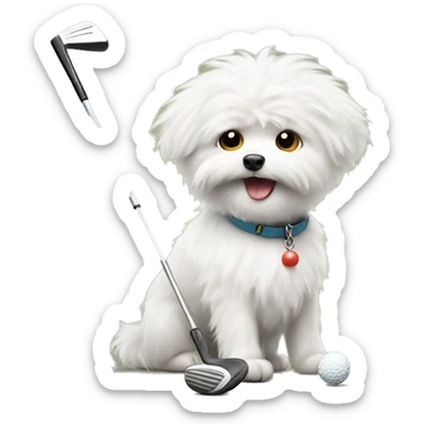 Small white fluffy dog playing golf sticker