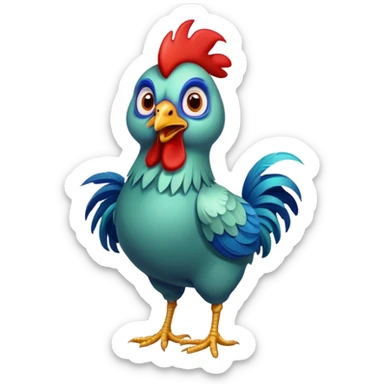 A funny rooster chicken with blue-greenish body, red comb, large eyes and silly expression, skinny legs sticker