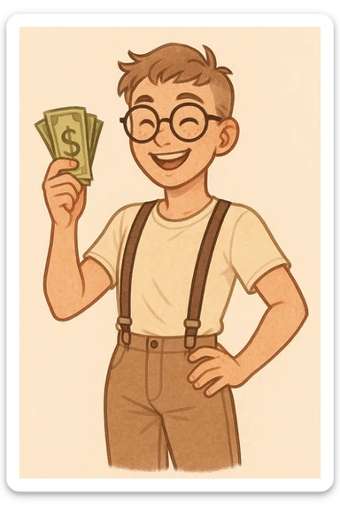An agender character with a nerdy style (glasses, suspenders), smiling and holding money in one hand, gender-neutral features. sticker