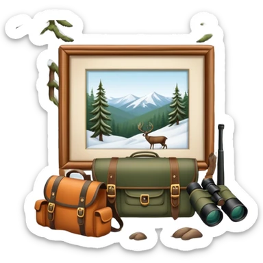 Icon for Hunting Tourism: a hunting rifle, binoculars, and animal tracks in the snow, with a forest background and a hunter’s backpack. The icon should represent the adventure and experience of hunting in nature. Transparent background. sticker