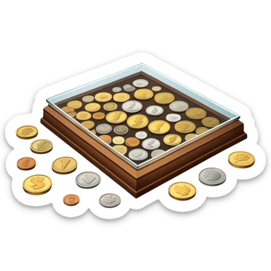 Icon for Coin Collecting: a collection of different vintage and modern coins of various forms and size, neatly arranged in a display case or on a table. The icon should highlight the diversity and historical value of coin collecting. Transparent background. sticker