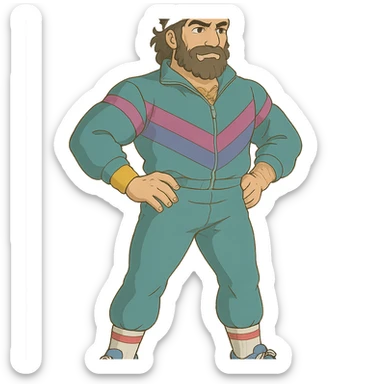 Odysseus in an 80s workout suit sticker