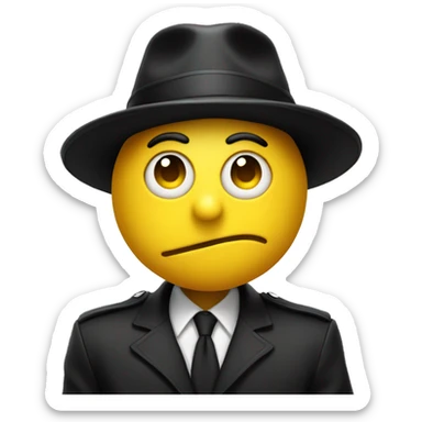 a yellow emoji face looking to his right a bit suprised, wearing a black agent hat. sticker