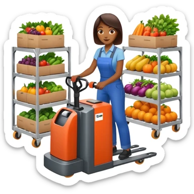 Femme sur un transpalette électrique, portant des canettes de fruits et de légumes sticker