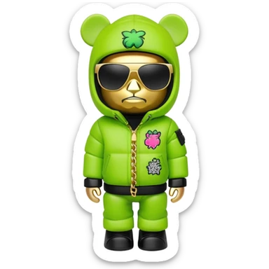 bearbrick toy with cubic head wearing a lime green balaclava with graffiti logos, wide single-piece visor sunglasses spanning entire face width, not divided for eyes, oversized puffy jacket with fur hood, gold chains sticker