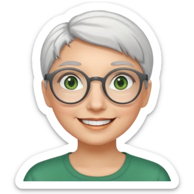 visage femme a lunettes ronde avec cheveux courts gris-blancs aux yeux verts qui souris sticker