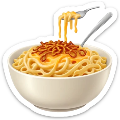 bowl of cheesy German noodles with melted cheese and crispy fried onions on top sticker