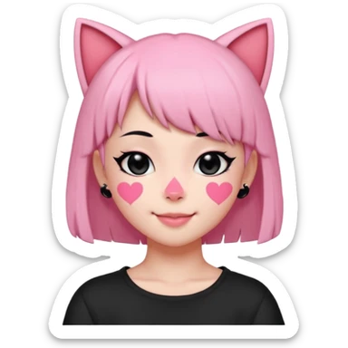 Neko girl pink with black heart eyes black hair side swept bangs with a smile shaveds sticker