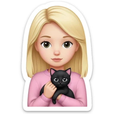 Blonde white girl wearing pink sweater holding black kitten sticker