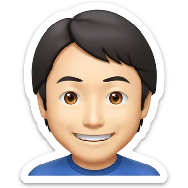 ​Cinematic Realistic Portrait of a Smiling Shigeru Miyamoto, depicted with warm, approachable features, showing a giant smile with expressive eyes, set against a subtle backdrop, inviting lighting that captures his innovative spirit sticker