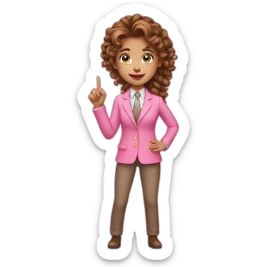 long brown curly pony tail girl wearing pink suit pointing sticker