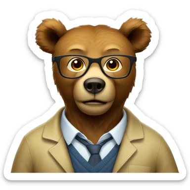 Brown bear animal as a university professor, wearing clear yellow plastic thick-rimmed glasses sticker