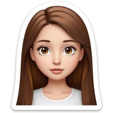 pretty cartoon girl, semi-realistic 3D emoji style, long straight brown hair, brown eyes, long eyelashes, soft glam makeup, glossy lips, smooth skin, cute aesthetic, sparkles in hair, white top sticker