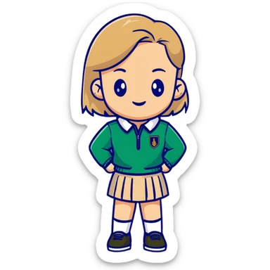 girl in a school uniform wearing a green polo, beige skirt, grey zipper jacket sticker