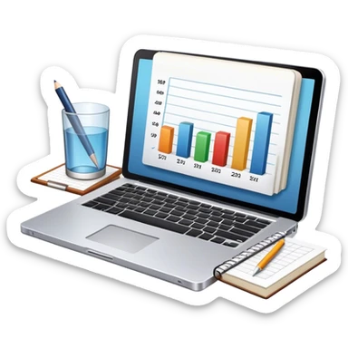 Icon for Business Reading: a prominent book at the forefront, laptop and notepad around it, along with a bar graph. The icon should represent the knowledge and strategy of business literature. Transparent background. sticker