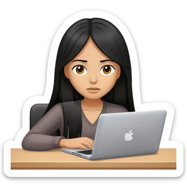 an woman with a long black straight hair who is working with her laptop with her tired face sticker